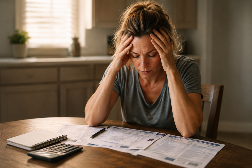 Woman feeling overwhelmed while reviewing healthcare paperwork at home.