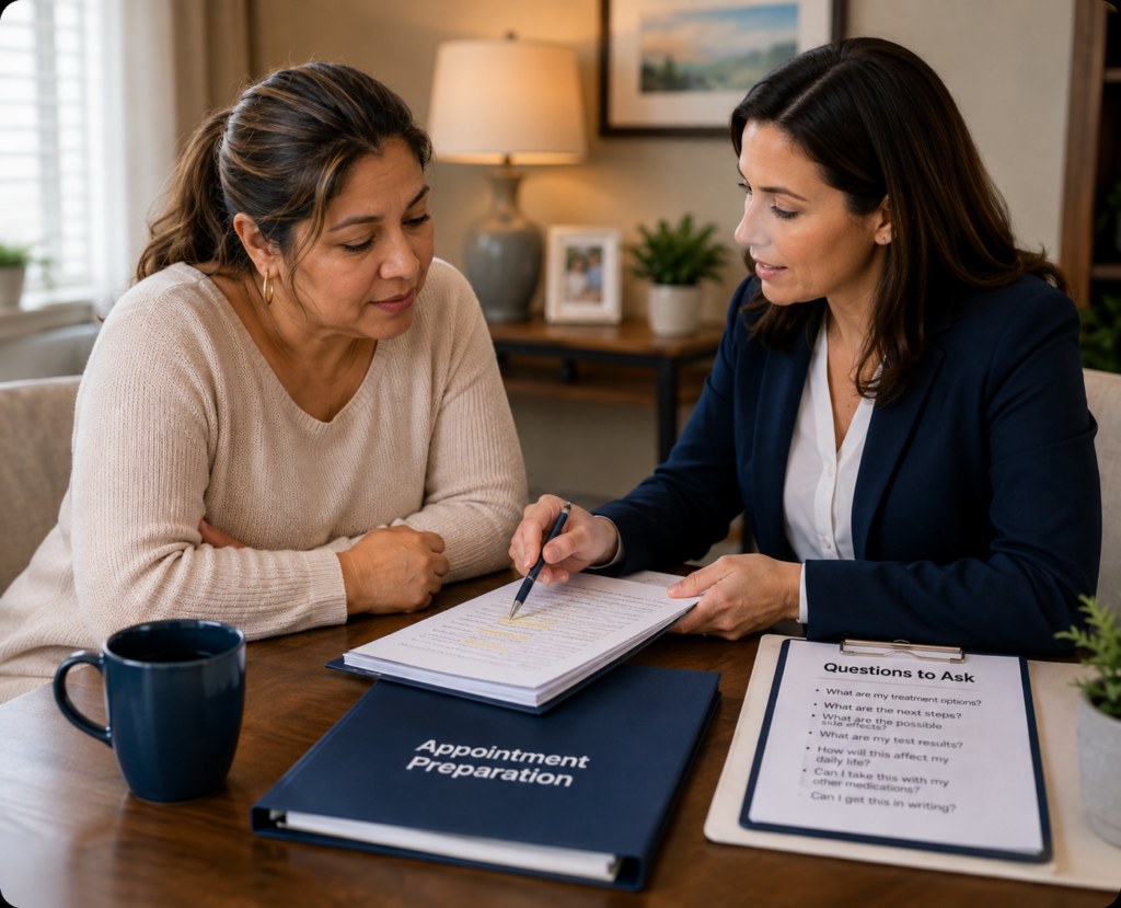 Patient reviewing healthcare information with a healthcare navigator